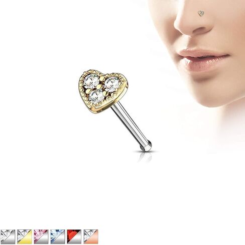 20 Gauge CZ Set Heart Nose Bone Stud 316L Surgical Steel (CHOOSE COLOR) in Saudi Arabia