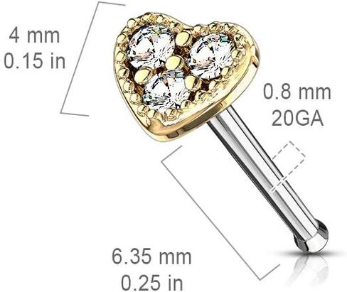 20 Gauge CZ Set Heart Nose Bone Stud 316L Surgical Steel (CHOOSE COLOR) in Saudi Arabia