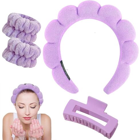 GSNYSAN 4pc Spa Headband and Wristband Set for Face Washing, Skincare Headbands for Women, Bubble Spa Puffy Makeup Hair Headband for Facial Wash Skin Care Facewash Sponge in Kuwait