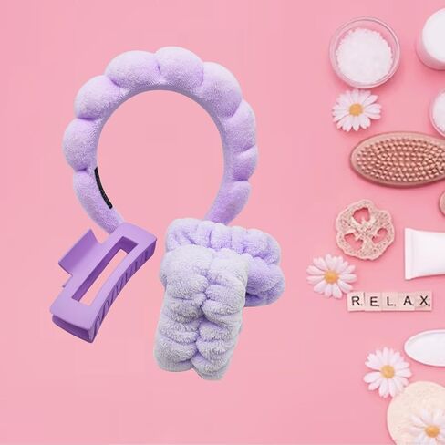 GSNYSAN 4pc Spa Headband and Wristband Set for Face Washing, Skincare Headbands for Women, Bubble Spa Puffy Makeup Hair Headband for Facial Wash Skin Care Facewash Sponge in Kuwait