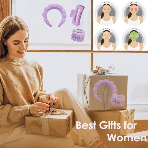 GSNYSAN 4pc Spa Headband and Wristband Set for Face Washing, Skincare Headbands for Women, Bubble Spa Puffy Makeup Hair Headband for Facial Wash Skin Care Facewash Sponge in Kuwait