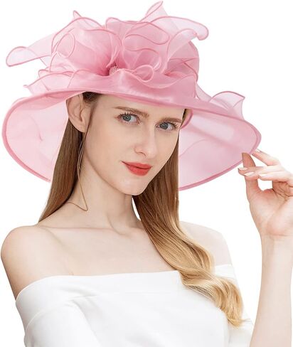 ELLYDOOR كنتاكي ديربي قبعة المرأة الأورجانزا فاسيناتور الكنيسة قبعة الزفاف الشاي حزب قبعة واسعة حافة الشمس in Kuwait