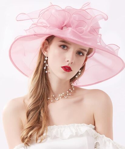 ELLYDOOR كنتاكي ديربي قبعة المرأة الأورجانزا فاسيناتور الكنيسة قبعة الزفاف الشاي حزب قبعة واسعة حافة الشمس in Kuwait
