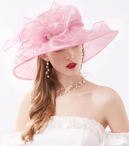 ELLYDOOR كنتاكي ديربي قبعة المرأة الأورجانزا فاسيناتور الكنيسة قبعة الزفاف الشاي حزب قبعة واسعة حافة الشمس in Kuwait