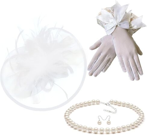 جيونفورتسي قبعة فاسيناتور شبكية من الريش، قبعة ديربي لحفلات الشاي مع قفازات من الدانتيل، قلادة لؤلؤ لحفلات الزفاف in Kuwait