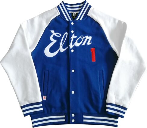 جاكيت Elton John للرجال، أزرق ملكي وأبيض - جولة وداع - سترة بيسبول ليترمان بومبر in Kuwait