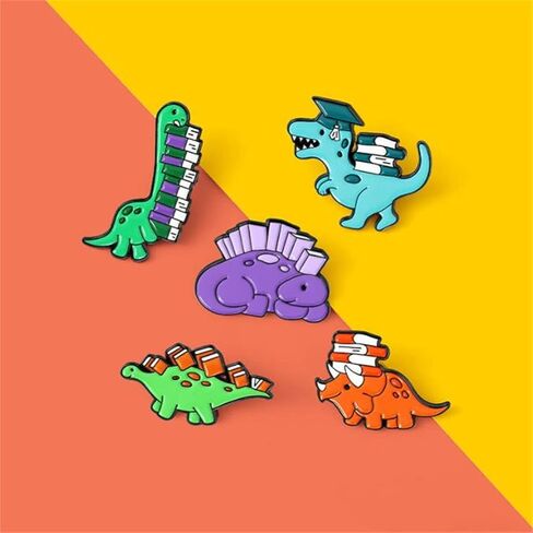 5pcs Cute Enamel Brooch Pin Cartoon Dinosaur Book Badge Brooches Animal Enamel Pins for Women Badges Backpack Badge Gifts, Alloy Steel, no gemstone in Kuwait