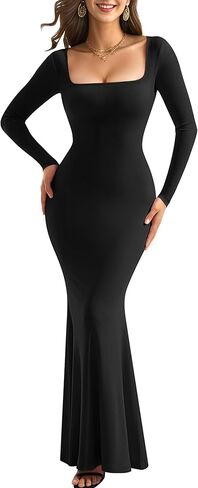 فساتين OMKAGI برقبة مربعة وأكمام طويلة للنساء، فستان طويل ماكسي مضلع in Kuwait