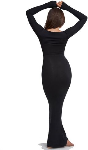 فساتين OMKAGI برقبة مربعة وأكمام طويلة للنساء، فستان طويل ماكسي مضلع in Kuwait