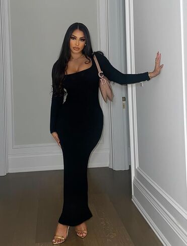 فساتين OMKAGI برقبة مربعة وأكمام طويلة للنساء، فستان طويل ماكسي مضلع in Kuwait