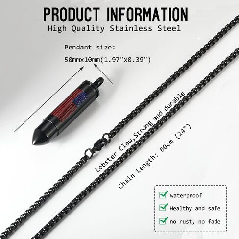 Bullet Urn Necklace for Ashes Stainless Steel Box Chain 24 inch American Flag Pendant Cremation Memorial Jewelry for Men in Kuwait