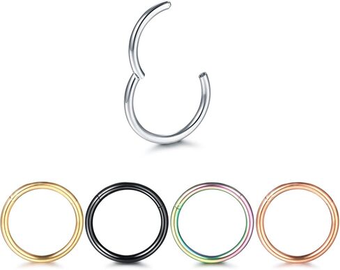 Oveta 5pcs Hoop Nose Ring 14G 16G 18G Surgical Steel Nose Ring Hinged Segment Ring Septum Ring Cartilage Daith Conch Earrings Hoop Piercing Jewelry, Gold Black Silver Rosegold Rainbow Colors in Kuwait
