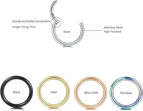 Oveta 5pcs Hoop Nose Ring 14G 16G 18G Surgical Steel Nose Ring Hinged Segment Ring Septum Ring Cartilage Daith Conch Earrings Hoop Piercing Jewelry, Gold Black Silver Rosegold Rainbow Colors in Kuwait