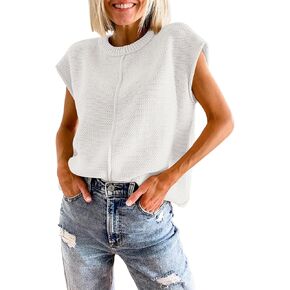 MURMUREY Womens Sleeveless Sweater Vest Crew Neck Cap Sleeve Knit Pullover Tank Tops Casual Loose Fit 2023 Fall Shirt Tee