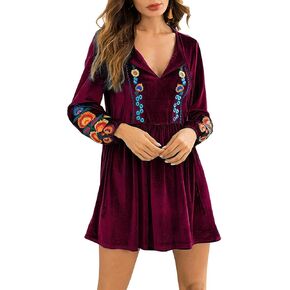 فستان نسائي بوهيمي من المخمل من Futurino مطرز بالزهور بوهو بياقة على شكل V وأكمام طويلة بلوزة علوية كلاسيكية أنيقة على شكل حرف a فستان قصير in Kuwait