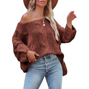 Women's Oversized Knit Crewneck Off Shoulder Long Sleeve Loose Solid Color Pullover Sweater Top… in Saudi Arabia