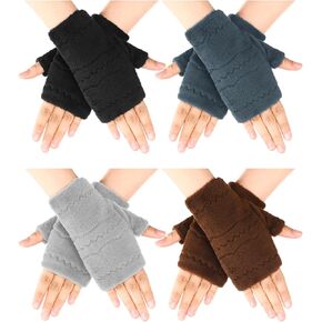 قفازات شتوية بدون اصابع للنساء من 4 ازواج، قفازات صوف دافئة بدون اصابع من الفرو الصناعي مع فتحات اصابع للطقس البارد (اسود، رمادي داكن، رمادي فاتح، بني) in Kuwait