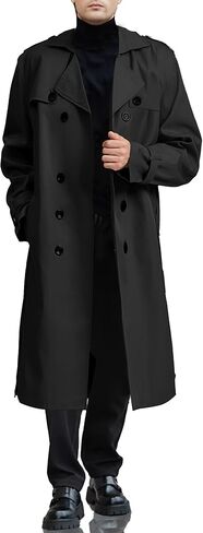 Botten Men's Double-Breasted Trench Coat - Long Jacket Overcoat-Oversized Casual Windbreaker with Lapel-BLACK in Kuwait