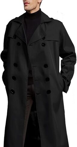 Botten Men's Double-Breasted Trench Coat - Long Jacket Overcoat-Oversized Casual Windbreaker with Lapel-BLACK in Kuwait