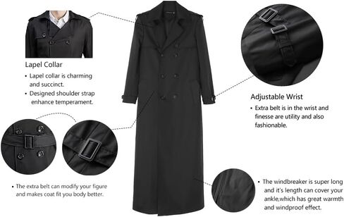 Botten Men's Double-Breasted Trench Coat - Long Jacket Overcoat-Oversized Casual Windbreaker with Lapel-BLACK in Kuwait