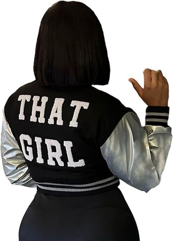 جاكيت فارسيتي للنساء من اكس زد ال يو اف ان واي باكمام جلدية وازرار مطرزة بازرار بيسبول in Kuwait