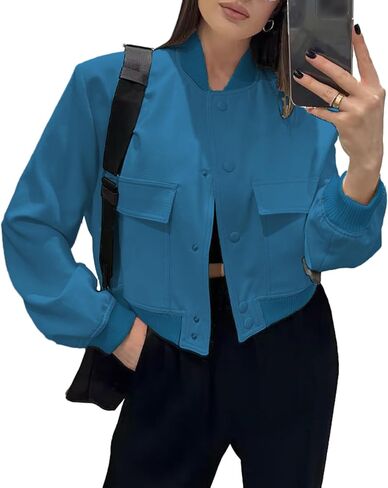 VHGEAUJF Womens Cropped Bomber Jackets Snap Button Long Sleeve Varsity Jackets Baseball Coat With Pockets in Saudi Arabia