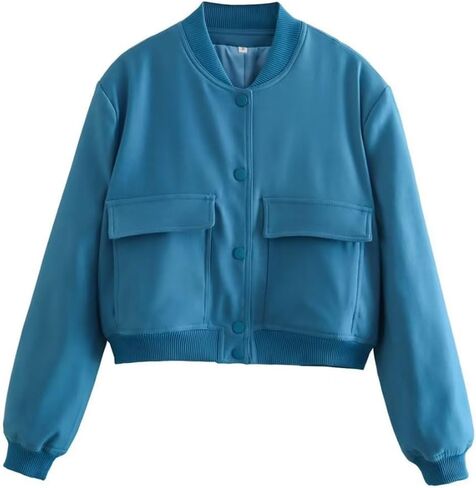 VHGEAUJF Womens Cropped Bomber Jackets Snap Button Long Sleeve Varsity Jackets Baseball Coat With Pockets in Saudi Arabia