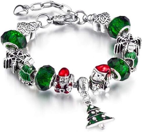 Savlano Silver Tone Charm Bracelet with Christmas Tree Bell Crystal and Murano Glass Beads Snake Chain for Women & Girls Comes in a Gift Box in Saudi Arabia