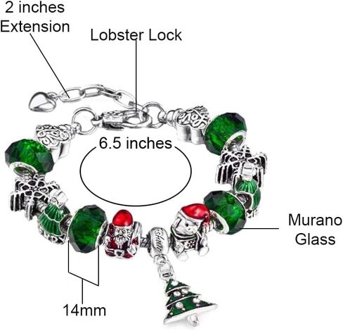 Savlano Silver Tone Charm Bracelet with Christmas Tree Bell Crystal and Murano Glass Beads Snake Chain for Women & Girls Comes in a Gift Box in Saudi Arabia