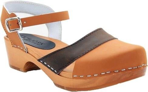 BJORK Swedish Comfort Women's Mila Low Heel Wooden Clog Sandals - (Brown Combo EU-37) in Saudi Arabia