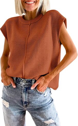 MURMUREY Womens Sleeveless Sweater Vest Crew Neck Cap Sleeve Knit Pullover Tank Tops Casual Loose Fit 2023 Fall Shirt Tee in Saudi Arabia