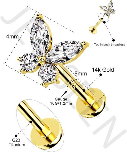 Jewseen 14K Gold Threadless Stud Earrings 16G Cartilage Stud Top Push in Threadless Cartilage Earring Butterffly Flat Back Stud Earring Gold Helix Earring Tragus Earring Cartilage Piercing for Women in Saudi Arabia