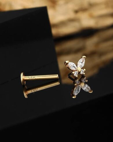 Jewseen 14K Gold Threadless Stud Earrings 16G Cartilage Stud Top Push in Threadless Cartilage Earring Butterffly Flat Back Stud Earring Gold Helix Earring Tragus Earring Cartilage Piercing for Women in Saudi Arabia