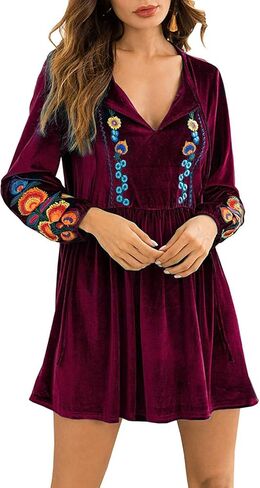 فستان نسائي بوهيمي من المخمل من Futurino مطرز بالزهور بوهو بياقة على شكل V وأكمام طويلة بلوزة علوية كلاسيكية أنيقة على شكل حرف a فستان قصير in Kuwait