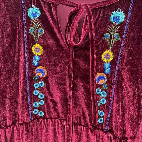 فستان نسائي بوهيمي من المخمل من Futurino مطرز بالزهور بوهو بياقة على شكل V وأكمام طويلة بلوزة علوية كلاسيكية أنيقة على شكل حرف a فستان قصير in Kuwait