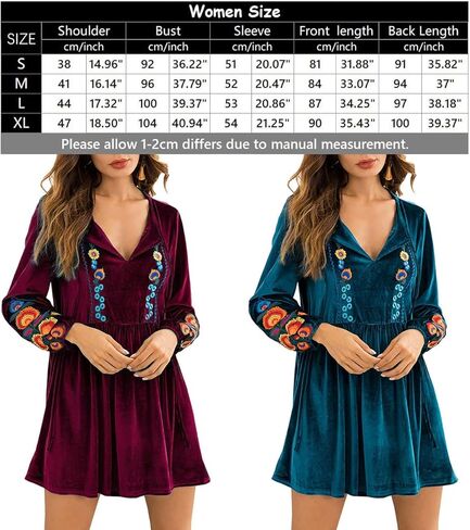 فستان نسائي بوهيمي من المخمل من Futurino مطرز بالزهور بوهو بياقة على شكل V وأكمام طويلة بلوزة علوية كلاسيكية أنيقة على شكل حرف a فستان قصير in Kuwait