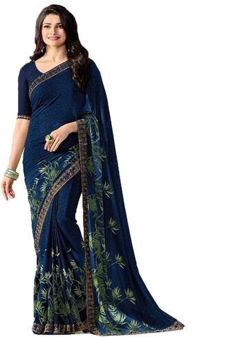 MAHEK Indian Women's Georgette New Fancy All Over Flower Prints Saree with Border & Blouse in Saudi Arabia