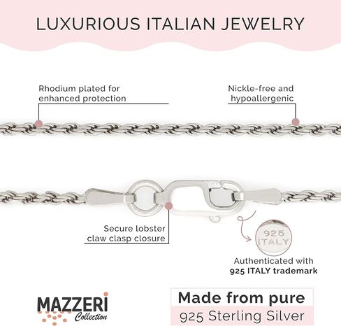 MAZZERI Rhodium Plated 925 Sterling Silver 1.3mm, 1.6mm, 2mm, 3mm Italian Rope Chain Necklace 16" - 24" in Saudi Arabia