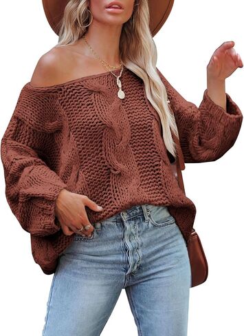 Women's Oversized Knit Crewneck Off Shoulder Long Sleeve Loose Solid Color Pullover Sweater Top… in Saudi Arabia