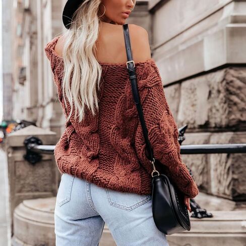 Women's Oversized Knit Crewneck Off Shoulder Long Sleeve Loose Solid Color Pullover Sweater Top… in Saudi Arabia