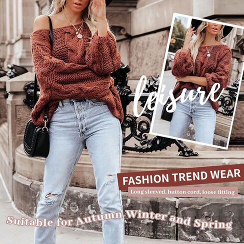 Women's Oversized Knit Crewneck Off Shoulder Long Sleeve Loose Solid Color Pullover Sweater Top… in Saudi Arabia