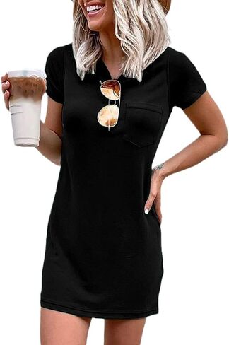Ladiyo Women T Shirt Dress Summer Fashion Mini Dress Crew Neck Short Sleeve Dress Solid Color Casual Dress with Pocket in Saudi Arabia