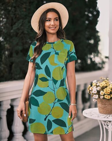 Ladiyo Women T Shirt Dress Summer Fashion Mini Dress Crew Neck Short Sleeve Dress Solid Color Casual Dress with Pocket in Saudi Arabia