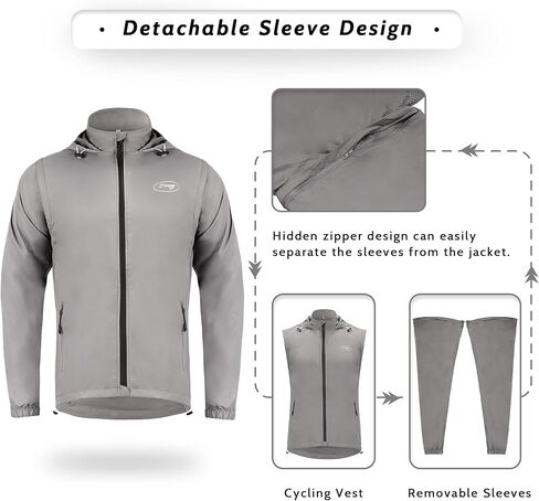 Dooy Men's Cycling Jacket ​with Detachable Sleeves Windbreaker Jackets Windproof Running Vest Lightweight and High Visibility in Saudi Arabia