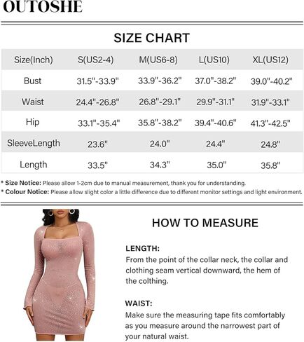 فستان Outoshe نسائي شفاف من خلال حجر الراين اللامع بأكمام طويلة ومربع Nech Bodycon فساتين صغيرة in Kuwait