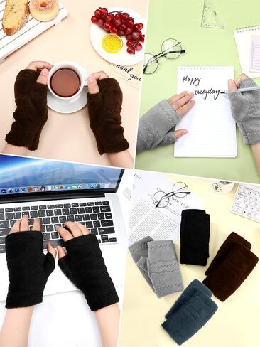 قفازات شتوية بدون اصابع للنساء من 4 ازواج، قفازات صوف دافئة بدون اصابع من الفرو الصناعي مع فتحات اصابع للطقس البارد (اسود، رمادي داكن، رمادي فاتح، بني) in Kuwait
