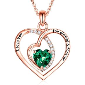 Iefil Forever Love Pendant Birthstone Necklace for Women, Rose Gold Plated Sterling Silver Birthstone Necklace Anniversary Valentines Day Gifts for Her Birthday Mothers Day Gifts for Women