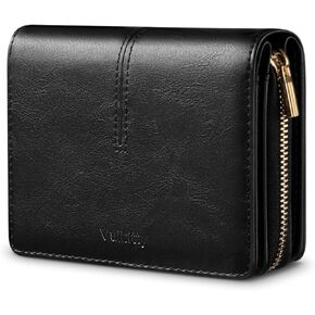 محفظة Vulkitty صغيرة للنساء، حامل بطاقات جلدي مزدوج الطي، RFID مع جيب للعملات المعدنية بسحاب، نافذة مزدوجة لبطاقة الهوية - تحمل 14 بطاقة ونقود سوداء in Kuwait