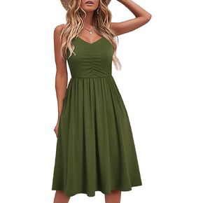 YATHON Casual Dresses for Women Sleeveless Cotton Summer Beach Dress A Line Spaghetti Strap Sundresses with Pockets