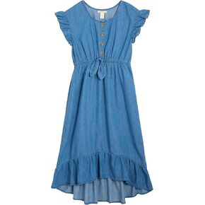 فستان One Step Up للفتيات - فستان صيفي خفيف الوزن من قماش الدنيم بأزرار أمامية (7-12) in Kuwait